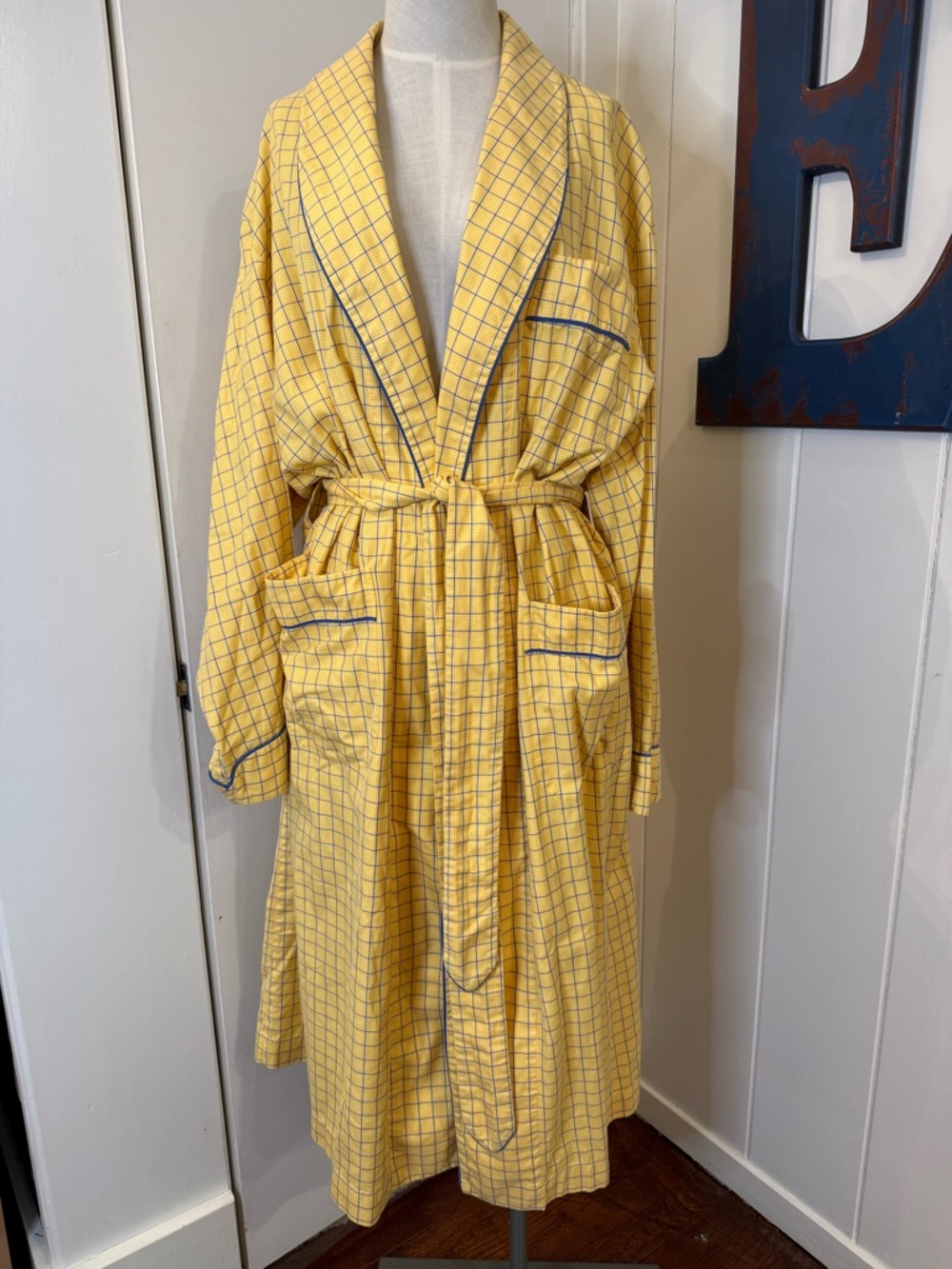 Turnbull & Asser Men’s Yellow Checked Robe with Navy Piping Neiman Marcus